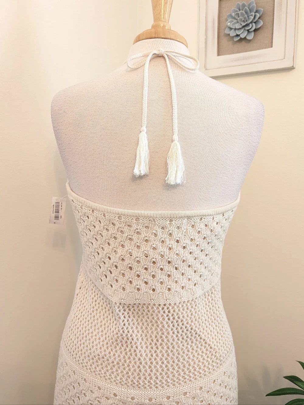 Old Navy Boho Cream Knit Crochet Halter Mini Dress Medium - Picture 9 of 12